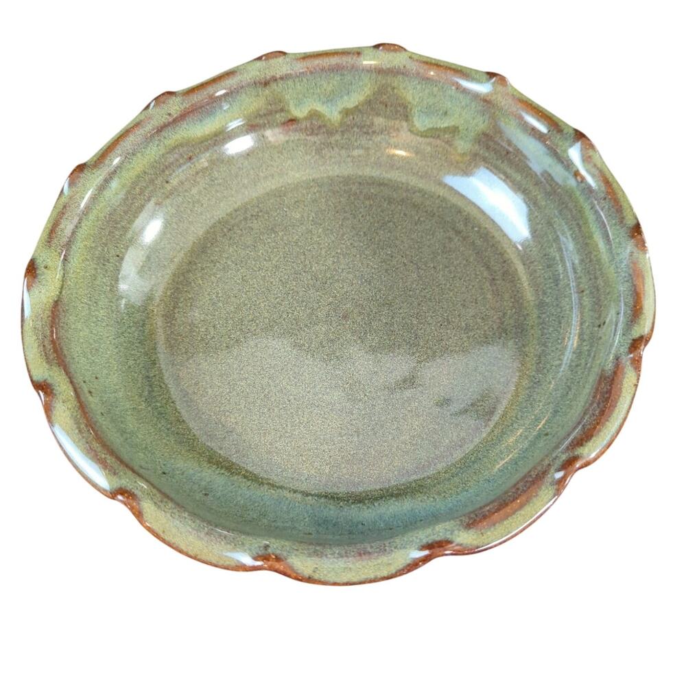 Vintage Jugtown Ware Pottery Deep Dish Pie Plate Ruffled Edge Green Brown Glaze